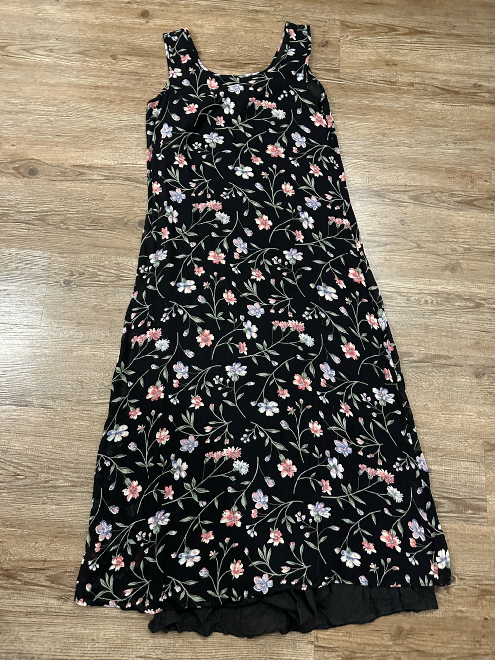 Vintage Black Floral Maxi Dress with Pink & Lavender Blooms
